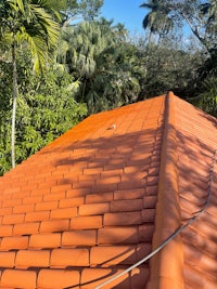 an orange tiled roof with palm trees in the background